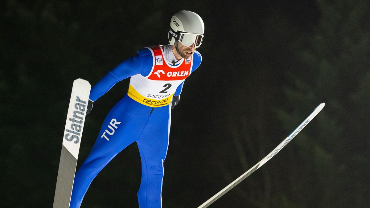 Fatih Ipcioglu is competing in the men's ski jumping FIS World Cup Ski Jumping in Szczyrk, Poland, on January 17. The competition is being interrupted due to strong winds. (Photo by Andrzej Iwanczuk/NurPhoto via Getty Images)