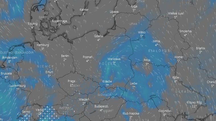 Prognoza opadów na niedzielny poranek.