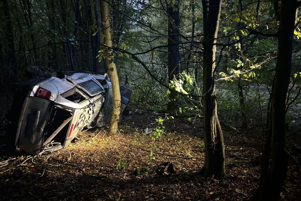 Samochód wywrócony między drzewami