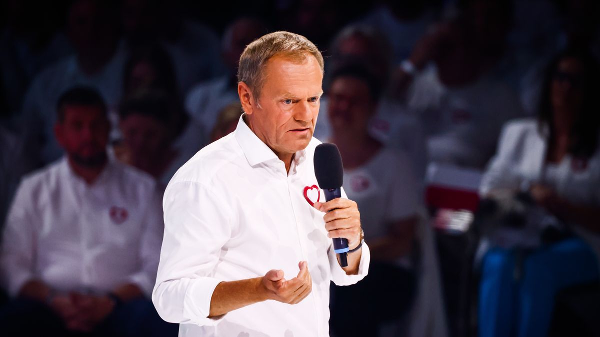 Donald Tusk, the leader of Civic Platform (PO) party speaks during Civic Coalition convention in Arena Jaskolka in Tarnow, Poland.  The meeting was held under the slogan '100 policies for 100 days''. Opposition politicians presented their programme for the first 100 days after winning the parliamentary elections, which will be held on October 15th this year in Poland.  (Photo by Beata Zawrzel/NurPhoto via Getty Images)