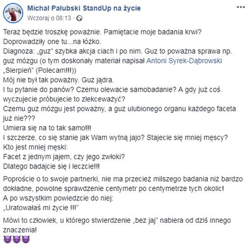 Gwiazda stand-upu apeluje do fanów, żeby badali swoje jądra