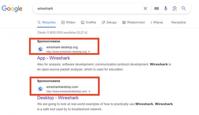 Fałszywe linki do Wiresharka w Google