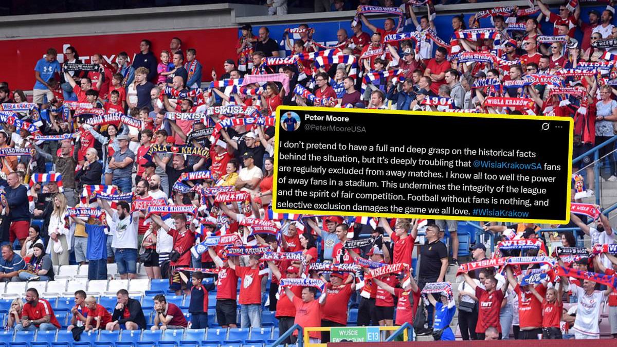 WP SportoweFakty / Krzysztof Porębski/x.com/Peter Moore / Kibice Wisły Kraków i wpis Petera Moore'a