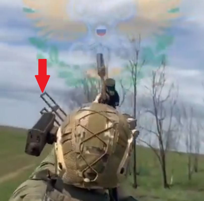 A Russian soldier with an anti-drone helmet jammer.