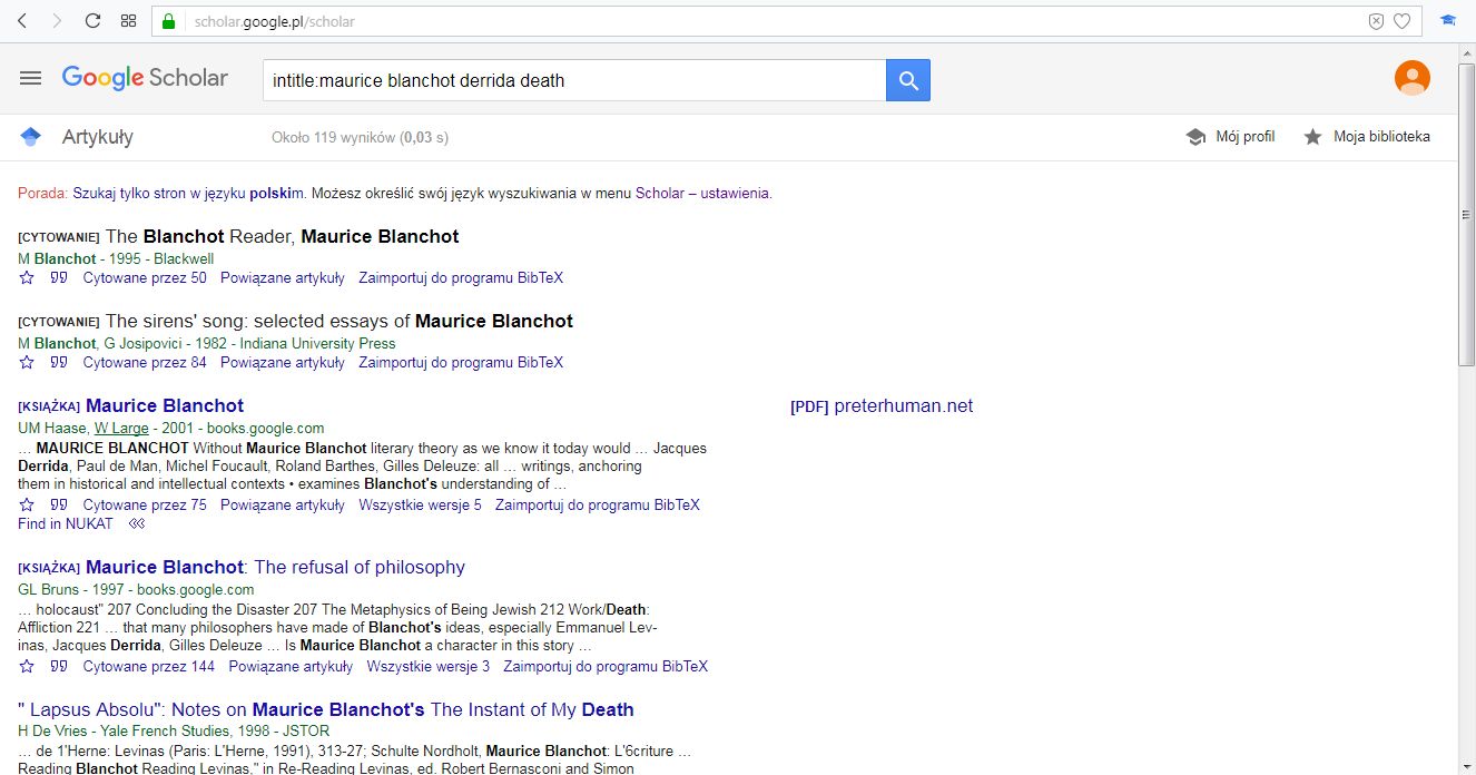 Lista z wynikami wyszukiwania w Google Scholar. Można zobaczyć linki Zaimportuj do BibTeX oraz Find in NUKAT