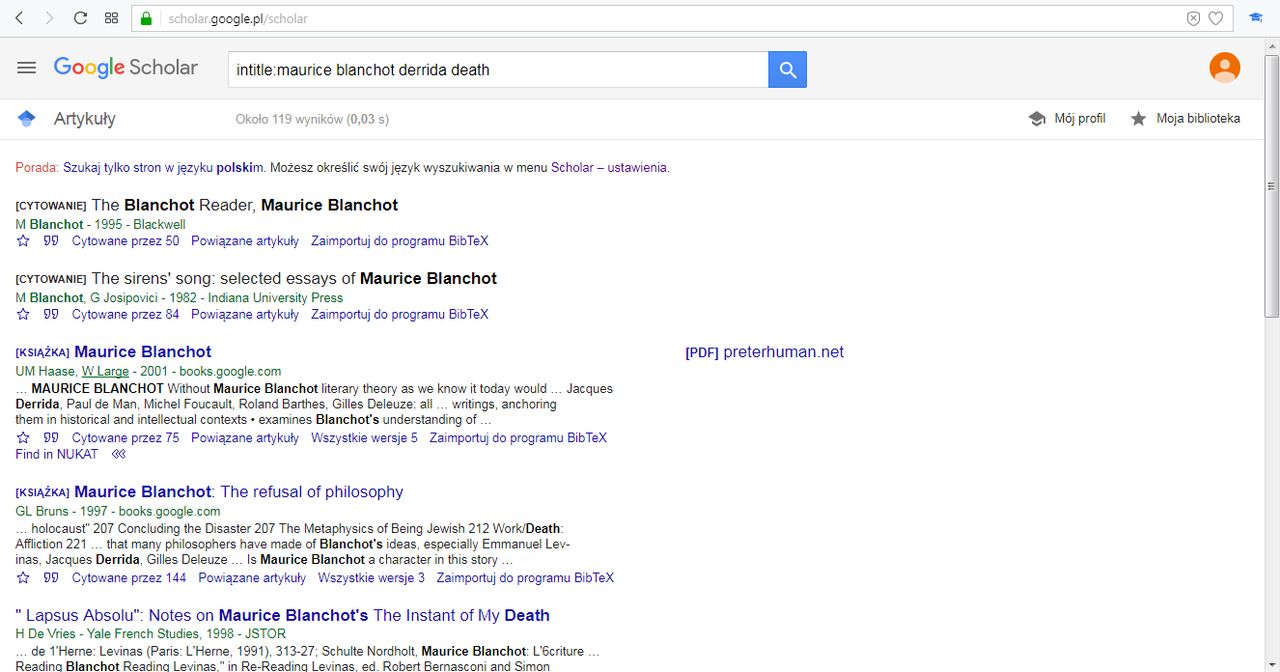 Lista z wynikami wyszukiwania w Google Scholar. Można zobaczyć linki Zaimportuj do BibTeX oraz Find in NUKAT