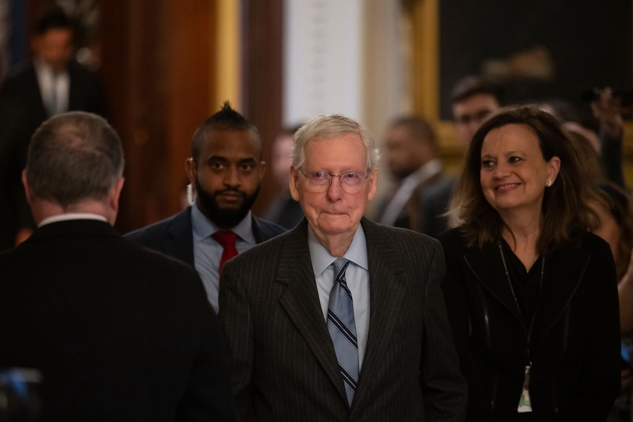 WASHINGTON, DC - FEBRUARY 28: Senate Minority Leader Mitch McConnell (R-KY) walks back to his office after announcing that he will step down from his position as Republican leader of the Senate at the end of the year on Capitol Hill in Washington, DC on February 28, 2024. (Photo by Craig Hudson for The Washington Post via Getty Images)