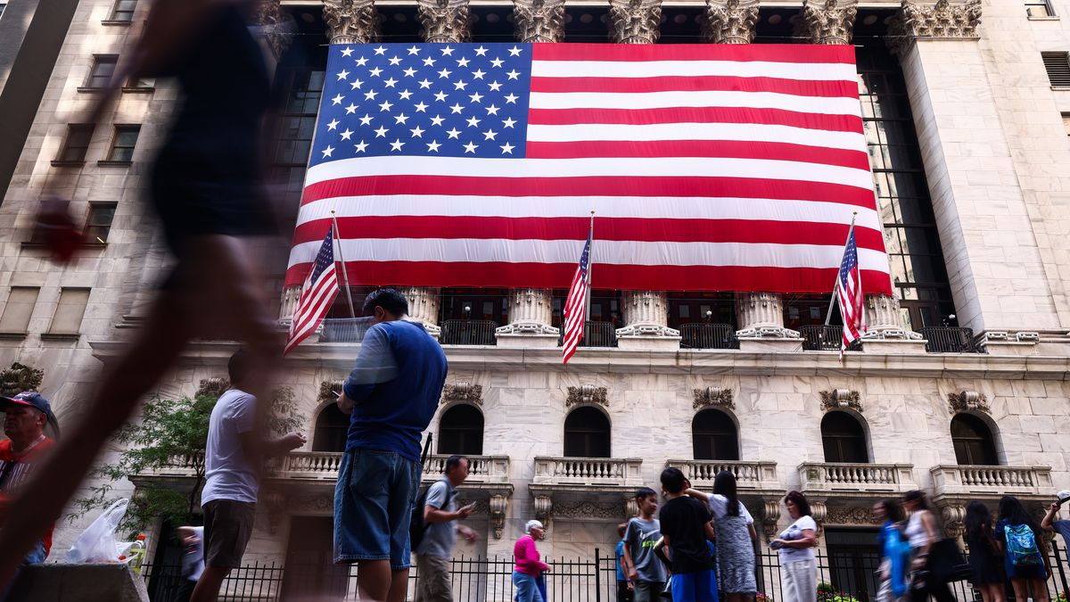 Independence Day In New York
U.S. flag is seen hanging on New York Stock Exchange building on Independence Day In New York, United States on America on July 4th, 2024.
 (Photo by Beata Zawrzel/NurPhoto via Getty Images)
NurPhoto
new york, beata zawrzel, huge, building, nurphoto, of, national, holiday, america, states, stars and stripes, nyc, image, manhattan, photo, american, wall street, independence, york, independence day, united, nyse, u.s. flag, downtown, july 4th, us, united states, patriotic, big, stock market