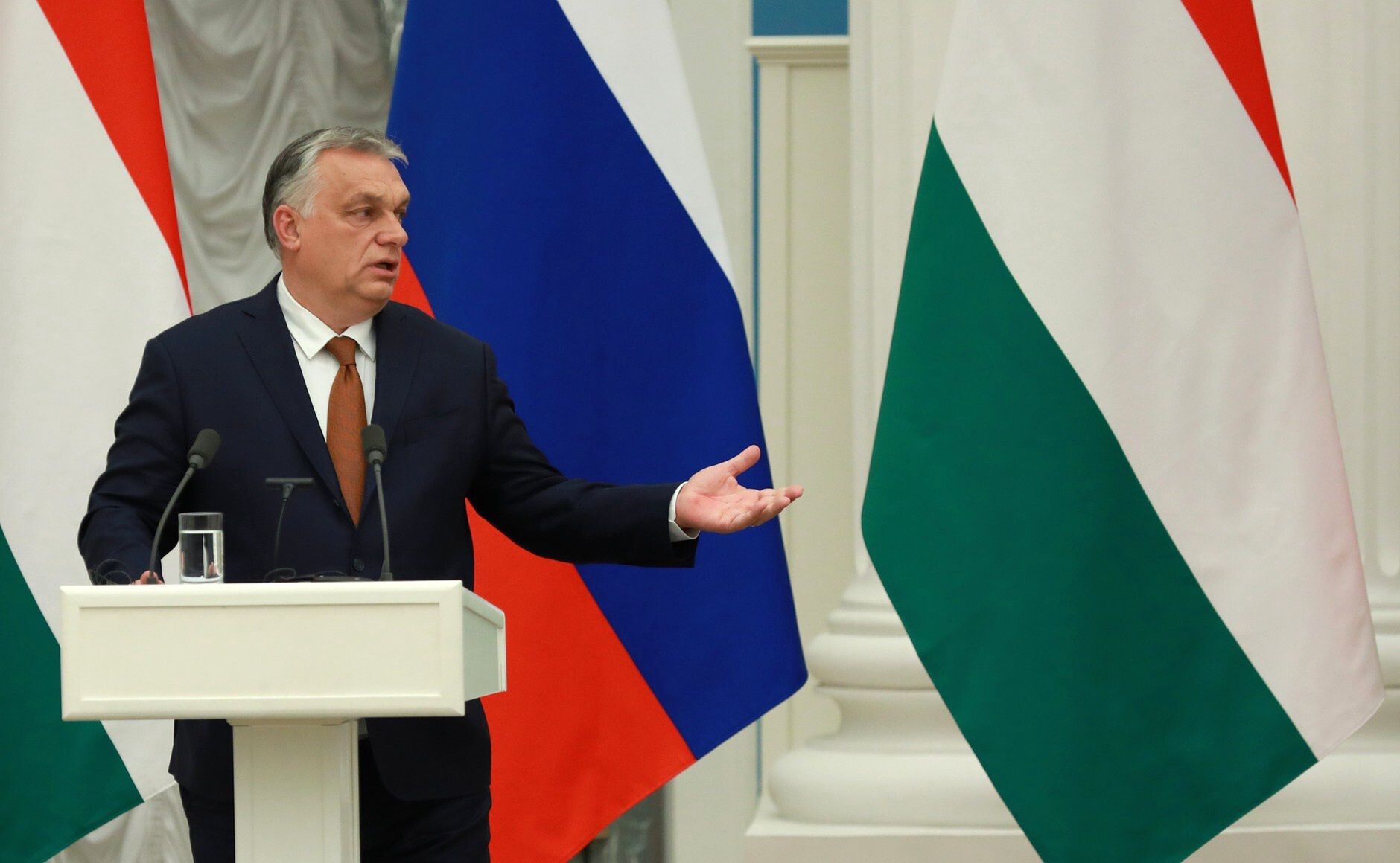MOSCOW, RUSSIA - FEBRUARY 1: (---EDITORIAL USE ONLY â MANDATORY CREDIT - "KREMLIN PRESS OFFICE / HANDOUT" - NO MARKETING NO ADVERTISING CAMPAIGNS - DISTRIBUTED AS A SERVICE TO CLIENTS----) Russian President Vladimir Putin (not seen) and Hungarian Prime Minister Viktor Orban hold a joint press conference after their meeting on February 1, 2022 in Moscow, Russia. (Photo by Kremlin Press Office/Anadolu Agency via Getty Images)
