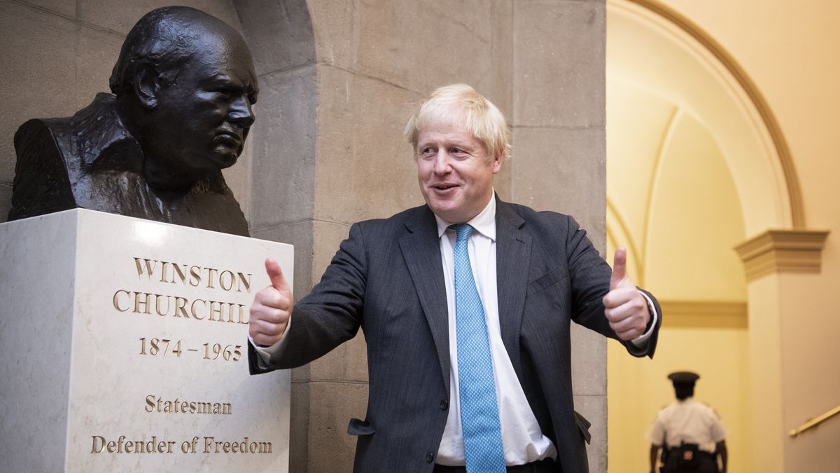 UNITED STATES - SEPTEMBER 22: British Prime Minister Boris Johnson checks out a bust of Sir Winston Churchill  after a meeting with Speaker of the House Nancy Pelosi, D-Calif., in the U.S. Capitol on Wednesday, September 22, 2021. (Photo By Tom Williams/CQ-Roll Call, Inc via Getty Images)