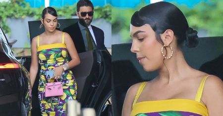 Georgina Rodriguez w "cytrynowej" kreacji od Dolce&Gabbana maszeruje u boku ochroniarza na kolację ze znajomymi (ZDJĘCIA)