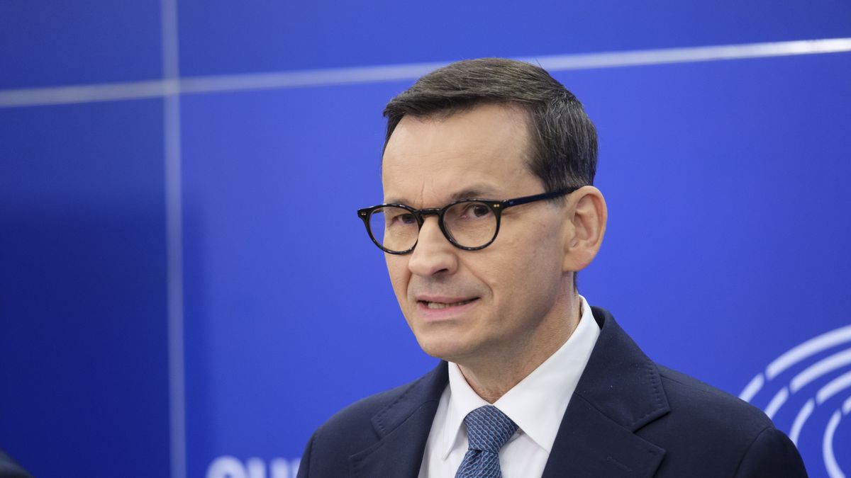 BRUSSELS, BELGIUM - APRIL 16: Former Polish Prime Minister from the  right-wing populist and national-conservative political party Law and Justice (Prawo i Sprawiedliwo PiS) Mateusz Jakub Morawiecki talks to the media in the European Parliament on April 16, 2024 in Brussels, Belgium. He is in Brussels for the National Conservatism Conference (NatCon) that will take place Today and tomorrow.  (Photo by Thierry Monasse/Getty Images)