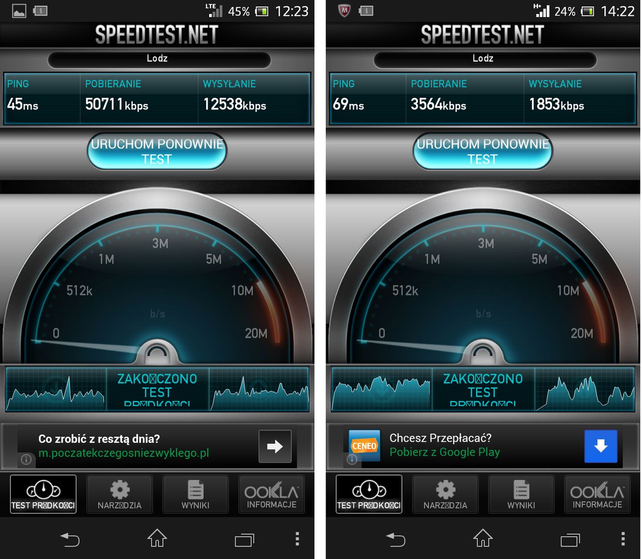 LTE z dwiema kreskami zasięgu vs. HSPA+ z czterema kreskami zasięgu