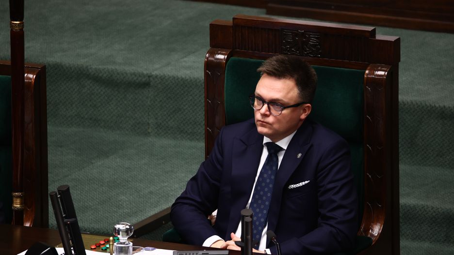 WARSAW, POLAND - JANUARY 25: Marshal of the Parliament Szymon Holownia is seen during the Polish Parliament meeting in Warsaw, Poland on January 25, 2024. Opposition Law and Justice party former ministers Mariusz Kaminski and Maciej Wasik were arrested at the beginning of January but Polish President Andrzej Duda decided to pardon them. Marshal of the Parliament invalidated their mandates, although politicians say they are legally MPs and will try to attend Parliament meetings. (Photo by Jakub Porzycki/Anadolu via Getty Images)