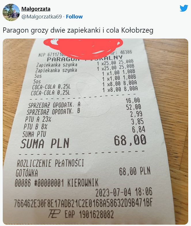 Paragon grozy za zapiekanki i colę