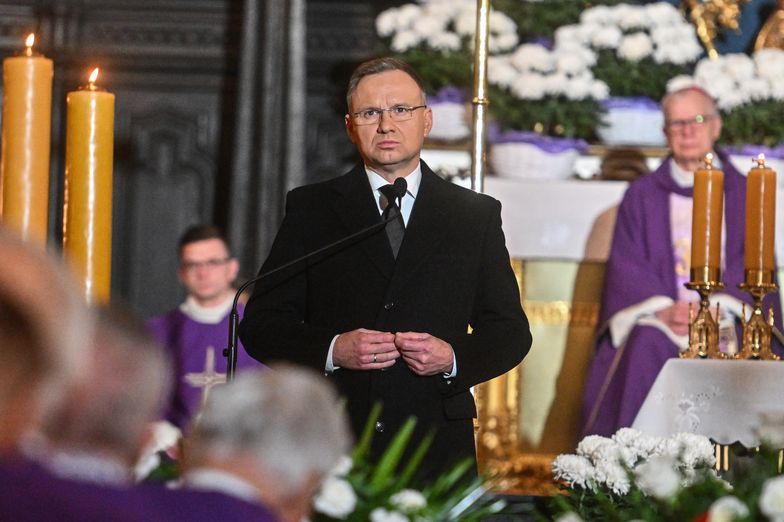 KRAKOW, POLAND - OCTOBER 31: The president of Poland, Andrzej Duda delivers a speech during the state funeral for the late Polish Holocaust survivor, Wanda Poltawska on October 31, 2023 in Krakow, Poland. Wanda Poltawska, a survivor of the Holocaust in the Ravensbruck concentration camp, died a few days before her 102nd birthday. During her incarceration in the concentration camp, medical experiments were carried out on her. Poltawska was a close friend with the late Pope John Paul II during his priesthood, and remained friends with him until his death in 2005.