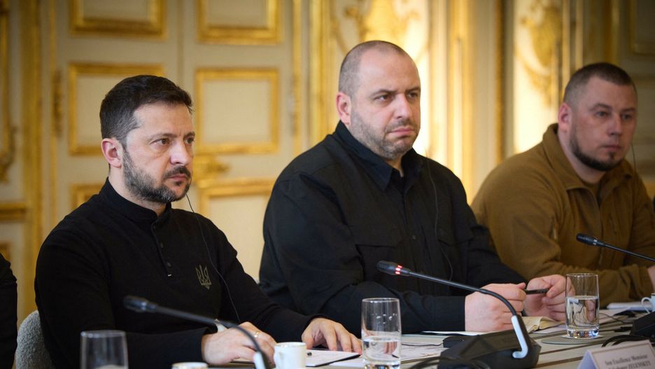 Temporary
Handout photo dated March 26, 2025, shows Volodimir Zelenski, President of Ukraine, Ukrainian Defence Minister Rustem Umerov and Pavlo Serhiiovych Palisa, Ukrainian soldier, colonel of the Armed Forces of Ukraine during the working visit of the president of Ukraine to France. Elys�e Palace in Paris, Ile-de-France, France on March 26, 2025. Photo by Presidency of Ukraine via ABACAPRESS.COM
ABACA