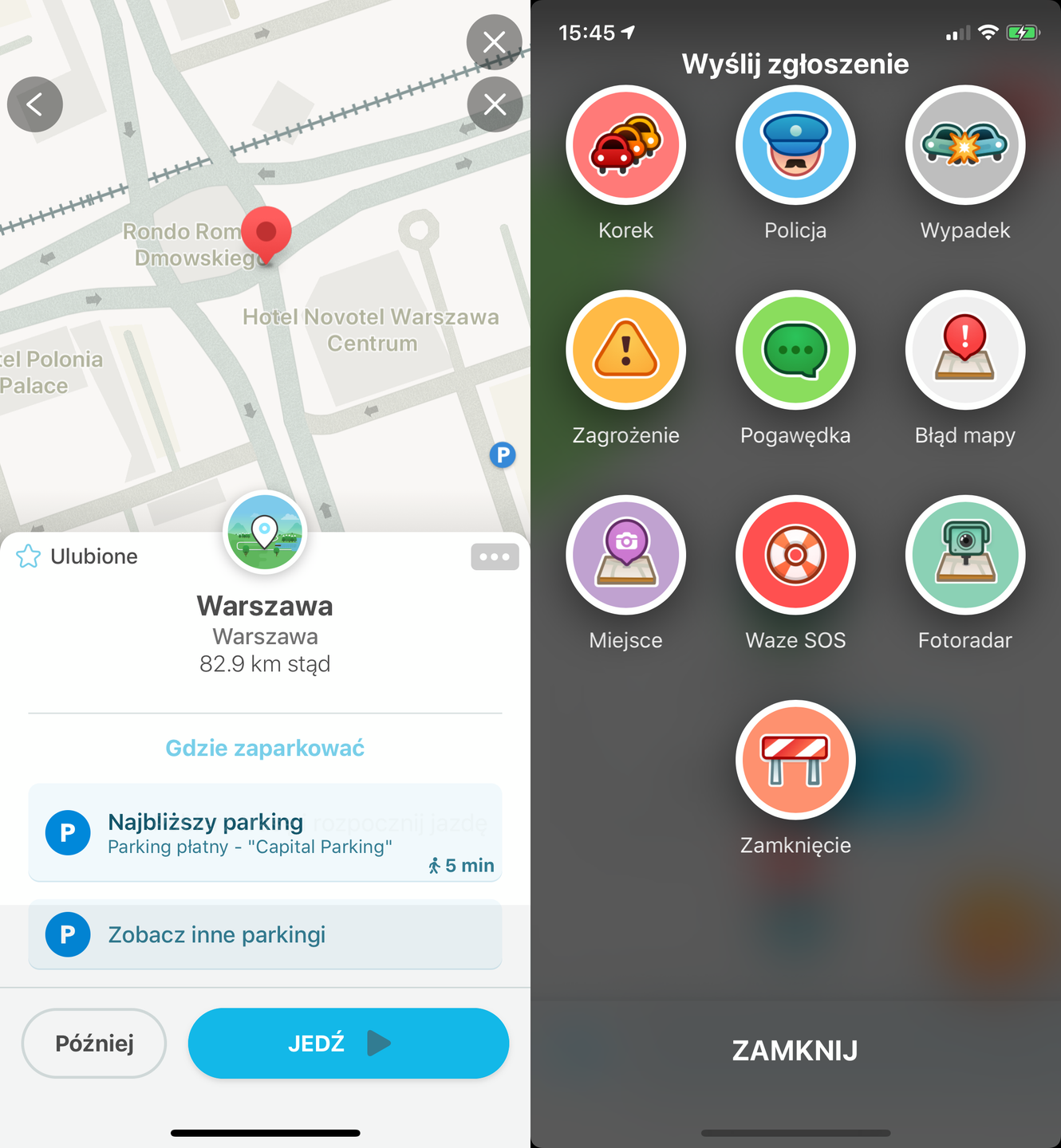 Aplikacja Waze z funkcją zgłaszania kontroli policyjnej.