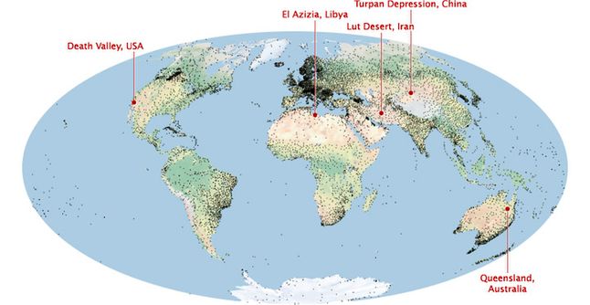 Sieć stacji obserwacyjnych (czarne kropki) i najgorętsze miejsca na Ziemi (fig. NASA)