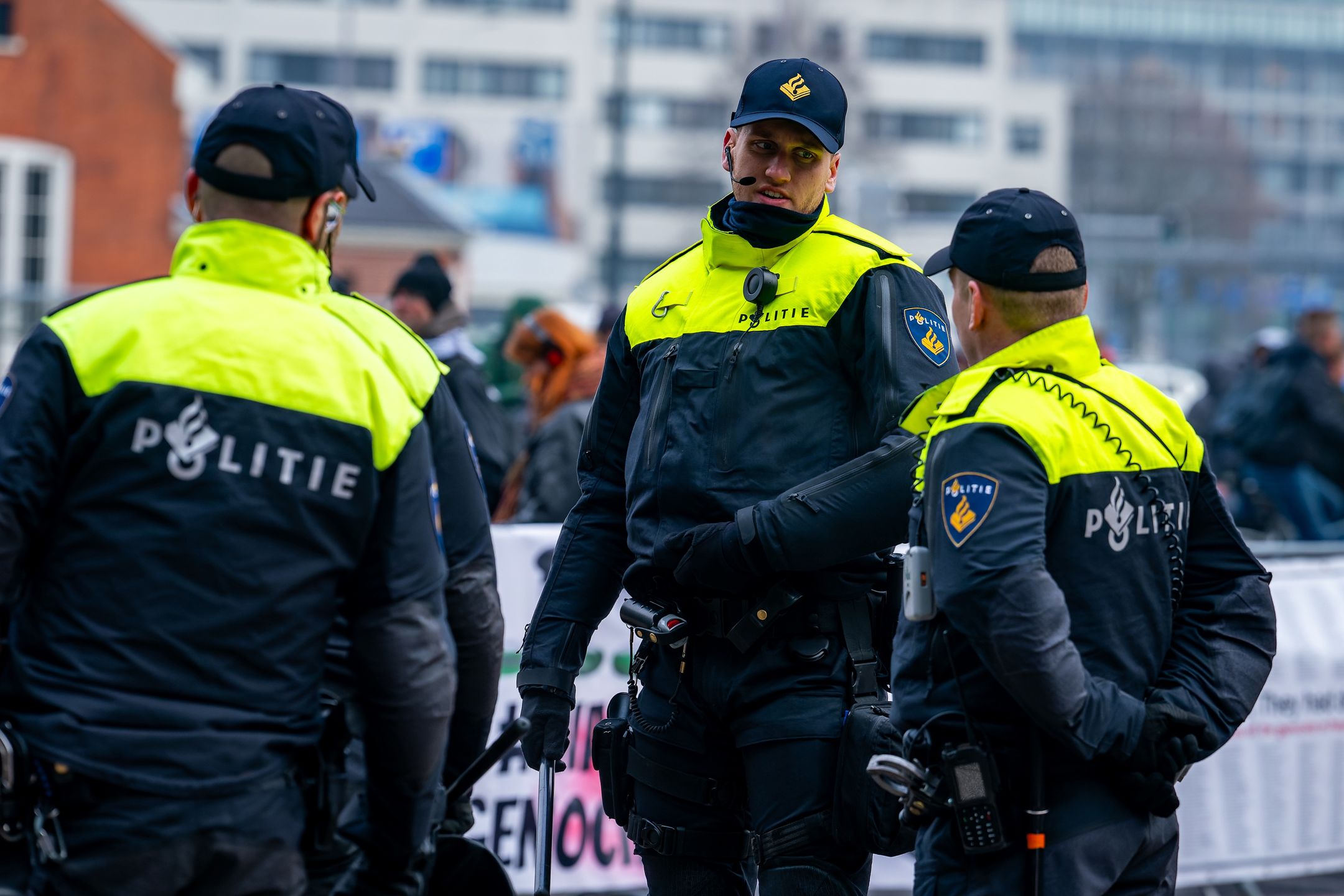 ROTTERDAM, NETHERLANDS - NOVEMBER 30: Demonstrators and police are seen during a pro-Palestine protest near Ahoy Rotterdam, on November 30, 2023 in Rotterdam, Netherlands. (Photo by Joris Verwijst/BSR Agency/Getty Images)