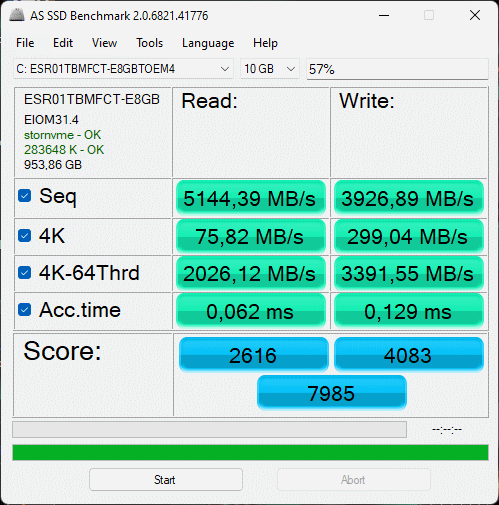 Gigabyte Aorus 17 XE4 - wyniki AS SSD