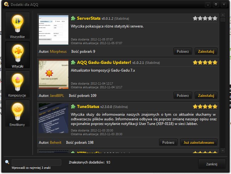 Okno menedżera dodatków dla AQQ