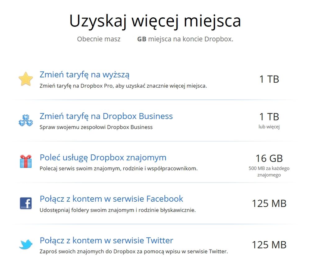 Na screenie pokazano tylko część zadań. (Pomijając 2 pierwsze zadania, reszta to darmowe sposoby uzyskania większej ilości miejsca w chmurze; 3 zadanie jest jedynym**, za które otrzymuje się więcej niż 125mb).