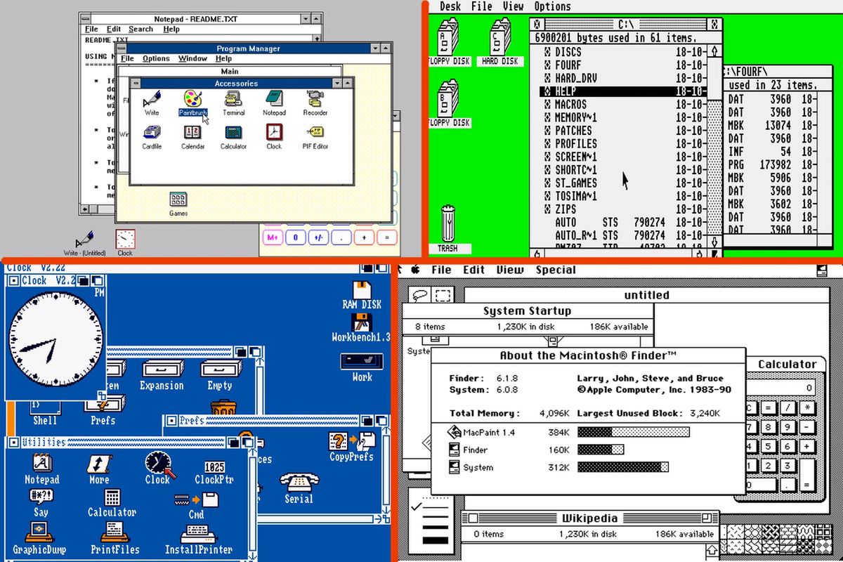 Lewy górny: Windows 3.0. Prawy górny: Atari TOS 1.62. Lewy dół: Amiga Workbench 1.3. Prawy dół: Mac OS 6