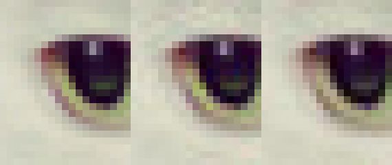 Oko kota: kolejno nieskompresowany oryginał, JPEG z libjpeg, JPEG z Guetzli (źródło: Google Research)
