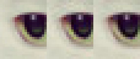 Oko kota: kolejno nieskompresowany oryginał, JPEG z libjpeg, JPEG z Guetzli (źródło: Google Research)