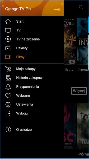 Menu główne aplikacji z podziałem na telewizję i VOD.