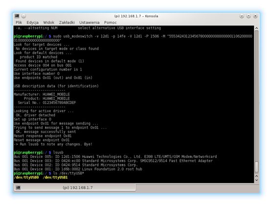 Rezultat polecenia usb_modeswitch - nasze urządzenie pracuje teraz w trybie modemu