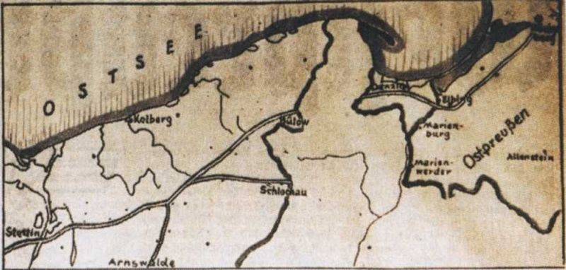 Fragment niemieckiej mapy przedstawiającej korytarz do Prus Wschodnich