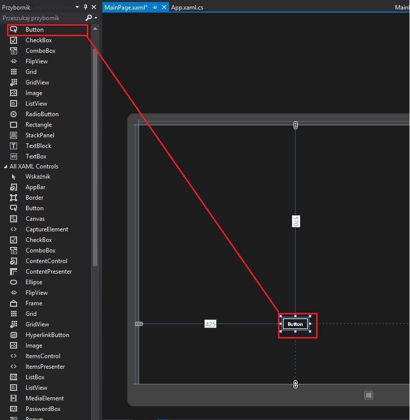Z przybornika przeciągamy element typu Button (zwykły przycisk)