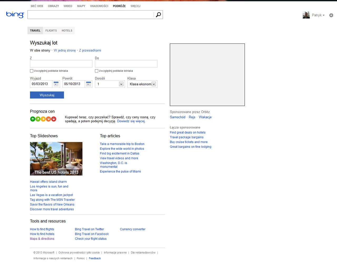 Bing- wyszukiwarka lotów