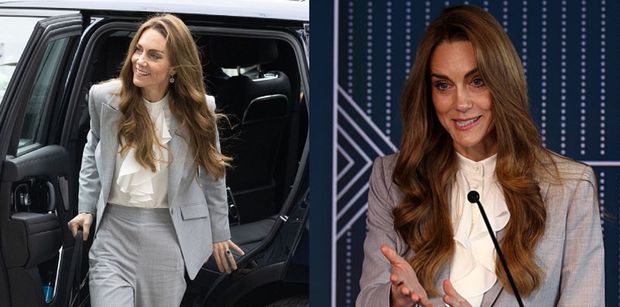 Księżna Kate zmierza w szarym garniturze na spotkanie z liderami biznesu. Szykowna? (ZDJĘCIA)