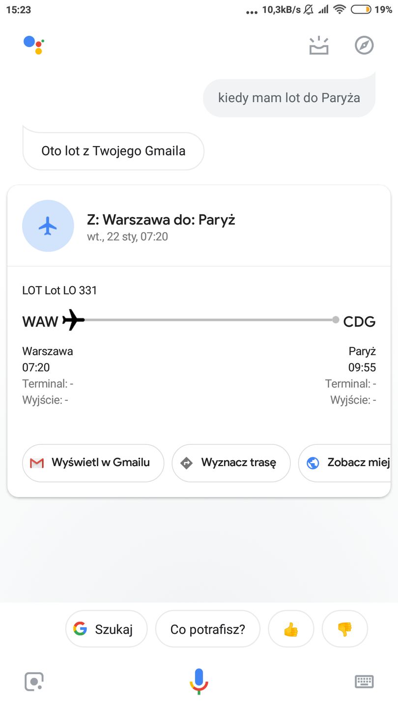 widok lotu na podstawie e-maila z numerem rezerwacji