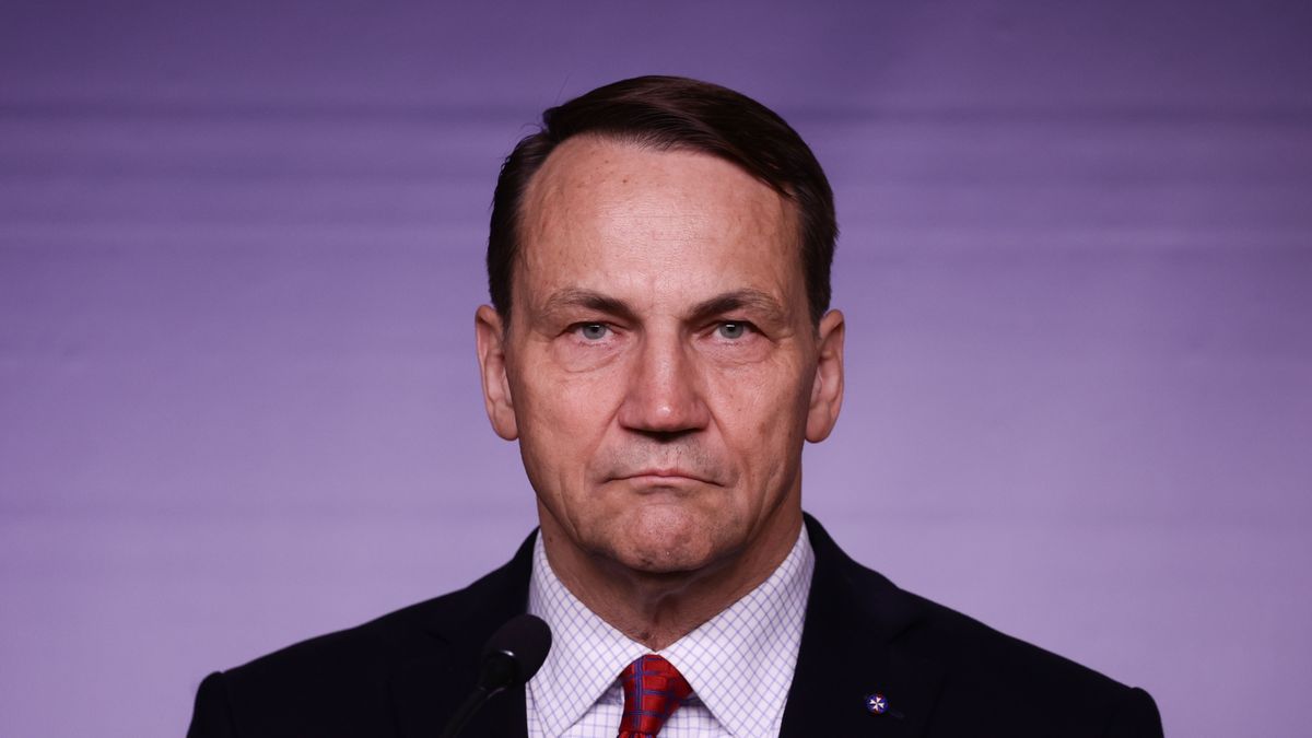 Polish Foreign Affairs Minister Radoslaw Sikorski during the press conference with European Commissioner for Defence Industry and Space Andrius Kubilius in Warsaw, Poland on April 2, 2025. (Photo by Jakub Porzycki/NurPhoto via Getty Images)