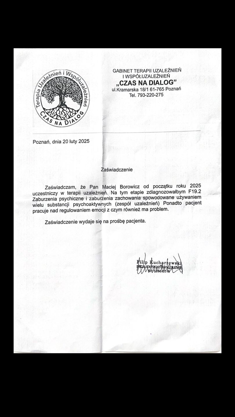 Zaświadczenie lekarskie Macieja Borowicza