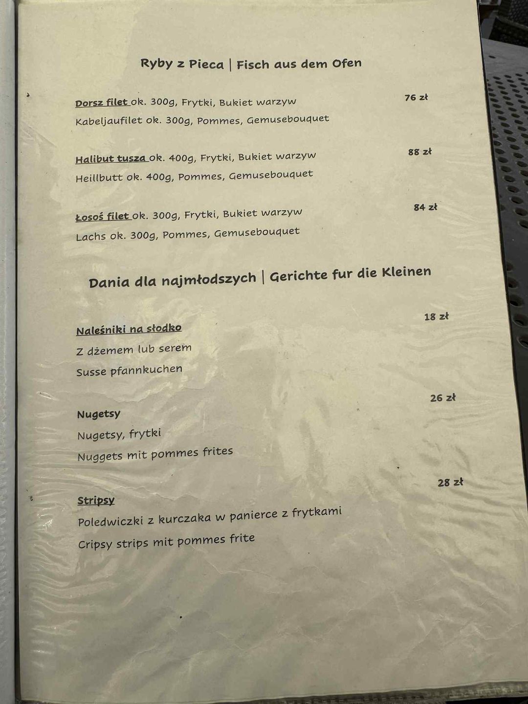 Menu restauracji przy plaży