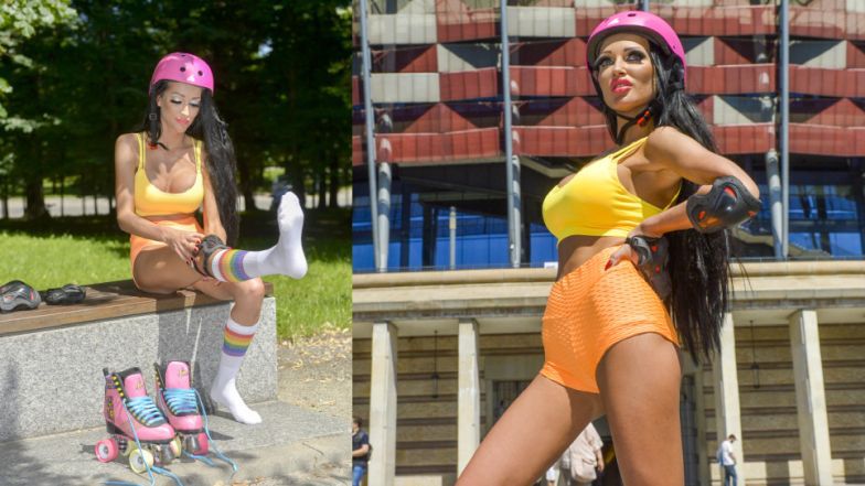 Małgorzata Godlewska na wrotkach pod Szpitalem Narodowym