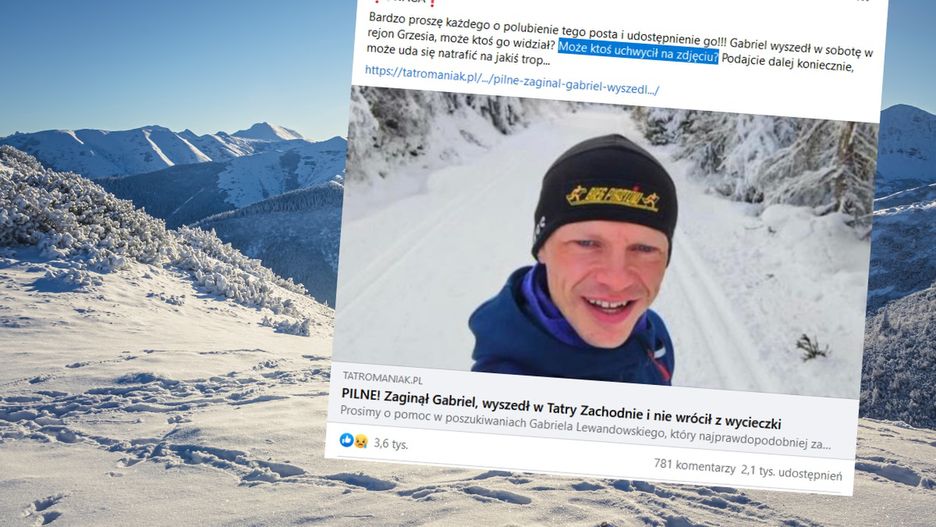 46-letni Gabriel wyszedł w góry prawdopodobnie w sobotę, 8 stycznia