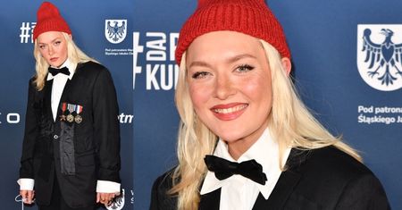 Fryderyki 2023. Iga Krefft w czerwonej CZAPCE i czarnym garniturze posyła uśmiechy ze ścianki (FOTO)