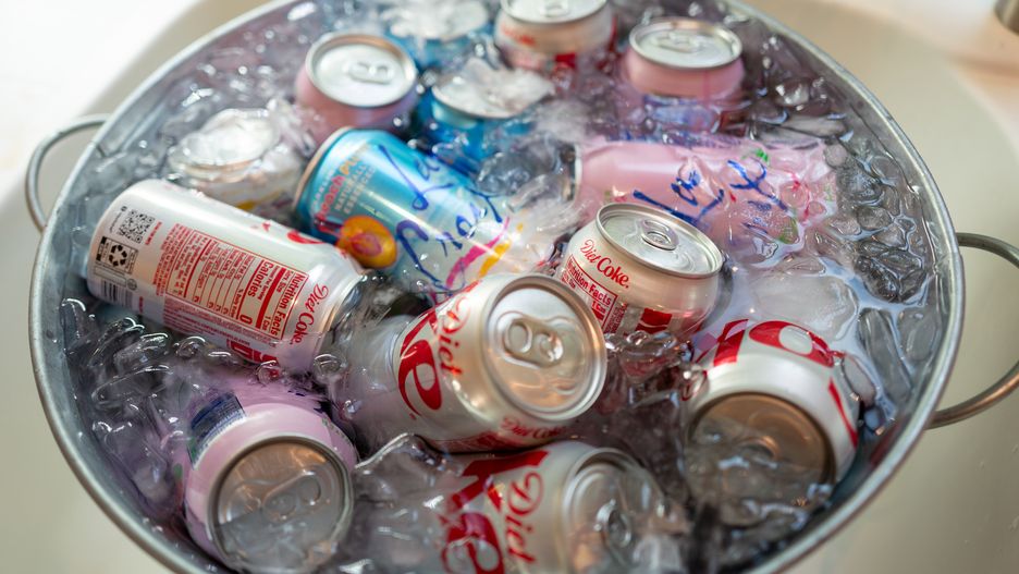 Close-up of a metal bucket with LaCroix water, Diet Coke, and other soft drinks, Lafayette, California, March 30, 2024. (Photo by Smith Collection/Gado/Getty Images)