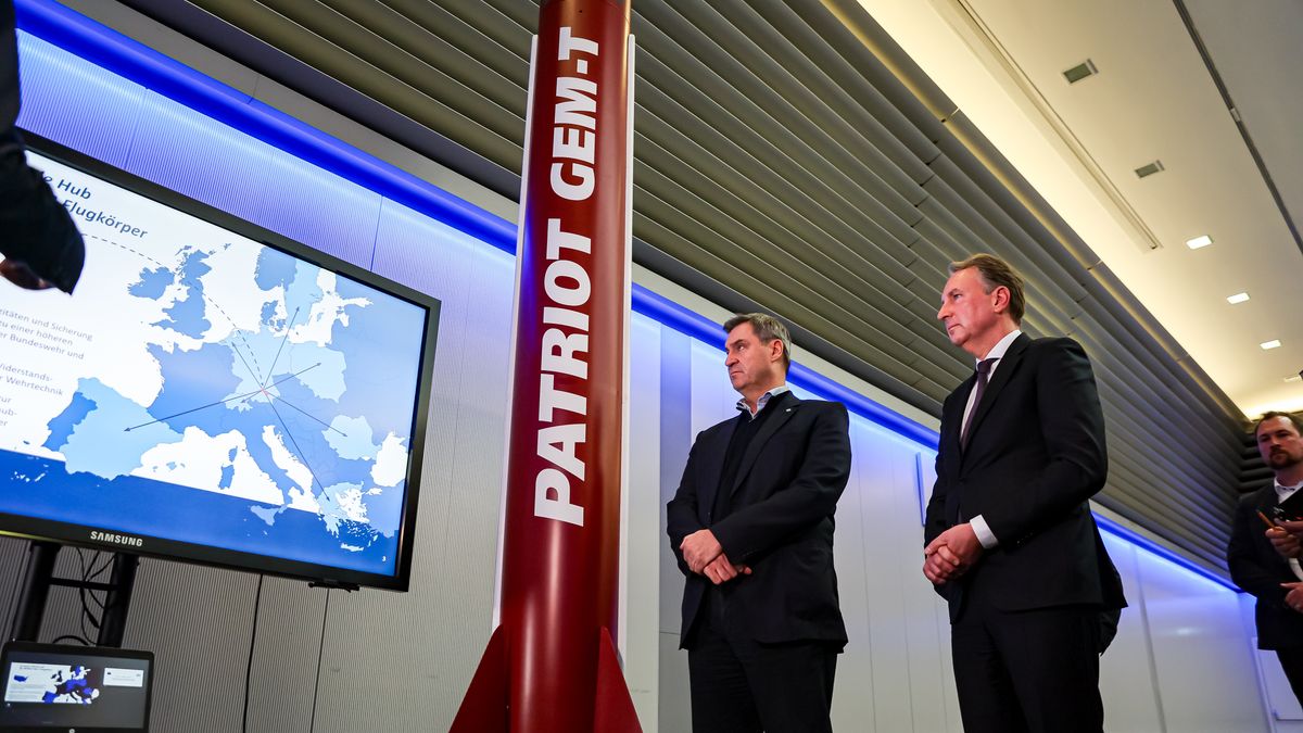 SCHROBENHAUSEN, GERMANY - MARCH 5: Bavarian Premier Markus Soeder (C) looks at a Patriot Gem-T display while visiting a production facility of MBDA Deutschland on March 5, 2024 in Schrobenhausen, Germany. MBDA produces a variety of air and marine missile systems for military use, including the Taurus. Chancellor Olaf Scholz is under strong domestic and international pressure to supply Ukraine with the Taurus cruise missile, though he has so far remained adamant in his refusal. (Photo by Leonhard Simon/Getty Images)