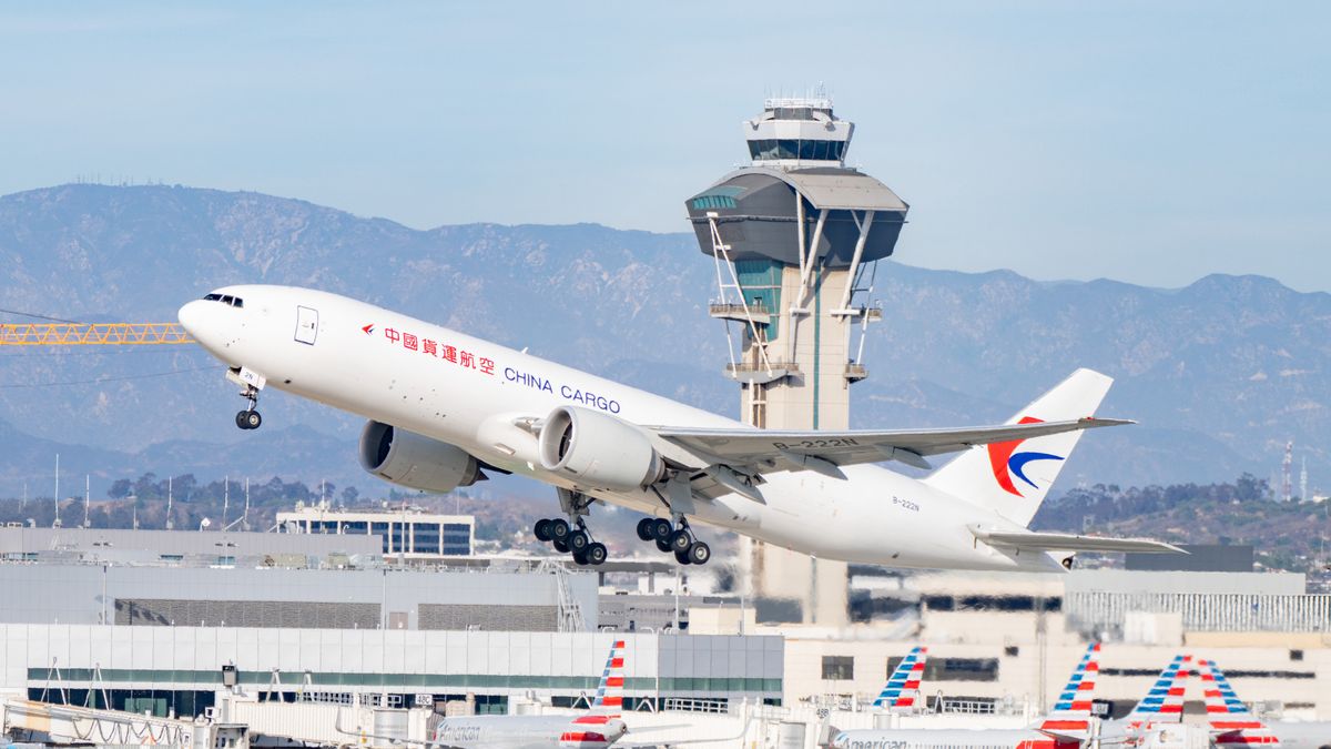 LOS ANGELES, CA - JANUARY 24: China Cargo Airlines Boeing 777-F takes off from Los Angeles International Airport on January 24, 2025 in Los Angeles, California.  (Photo by AaronP/Bauer-Griffin/GC Images)
