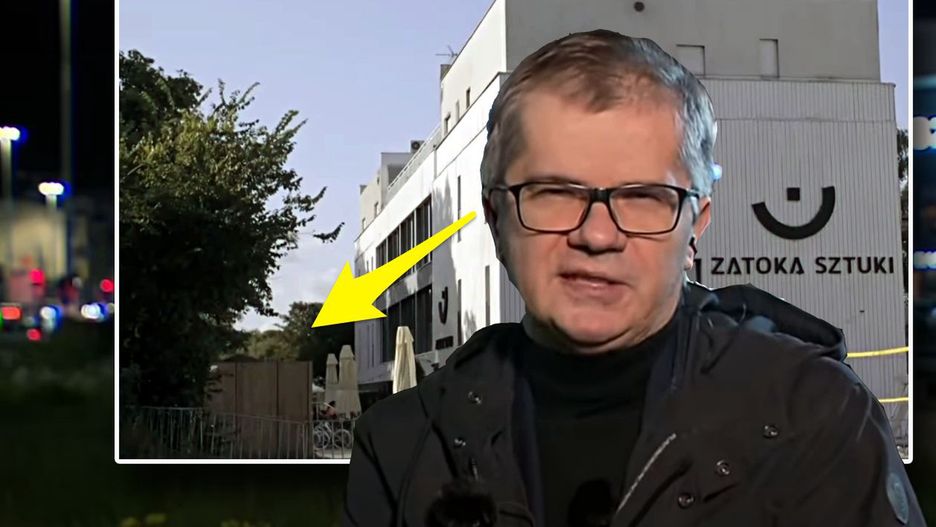 Sylwester Latkowski pojawiał się na tle Zatoki Sztuki. Za plecami miał "pomnik pedofila"