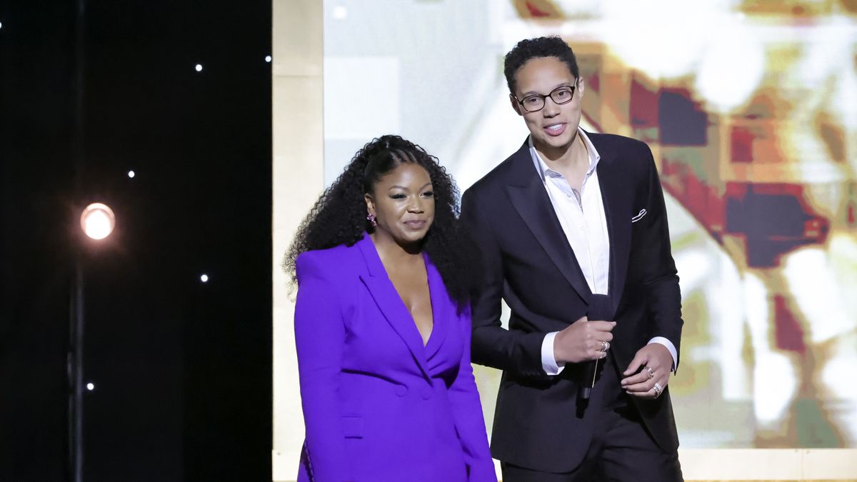 PASADENA, CALIFORNIA - FEBRUARY 25: (L-R) Cherelle Griner and Brittney Griner speak onstage during the 54th NAACP Image Awards at Pasadena Civic Auditorium on February 25, 2023 in Pasadena, California. (Photo by Amy Sussman/Getty Images)