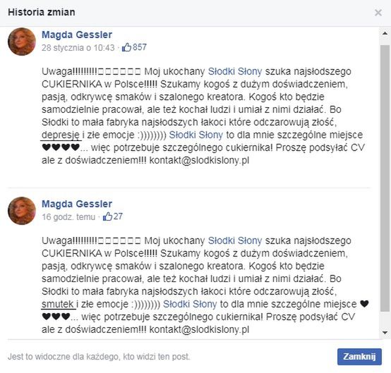 Historia edycji posta Magdy Gessler