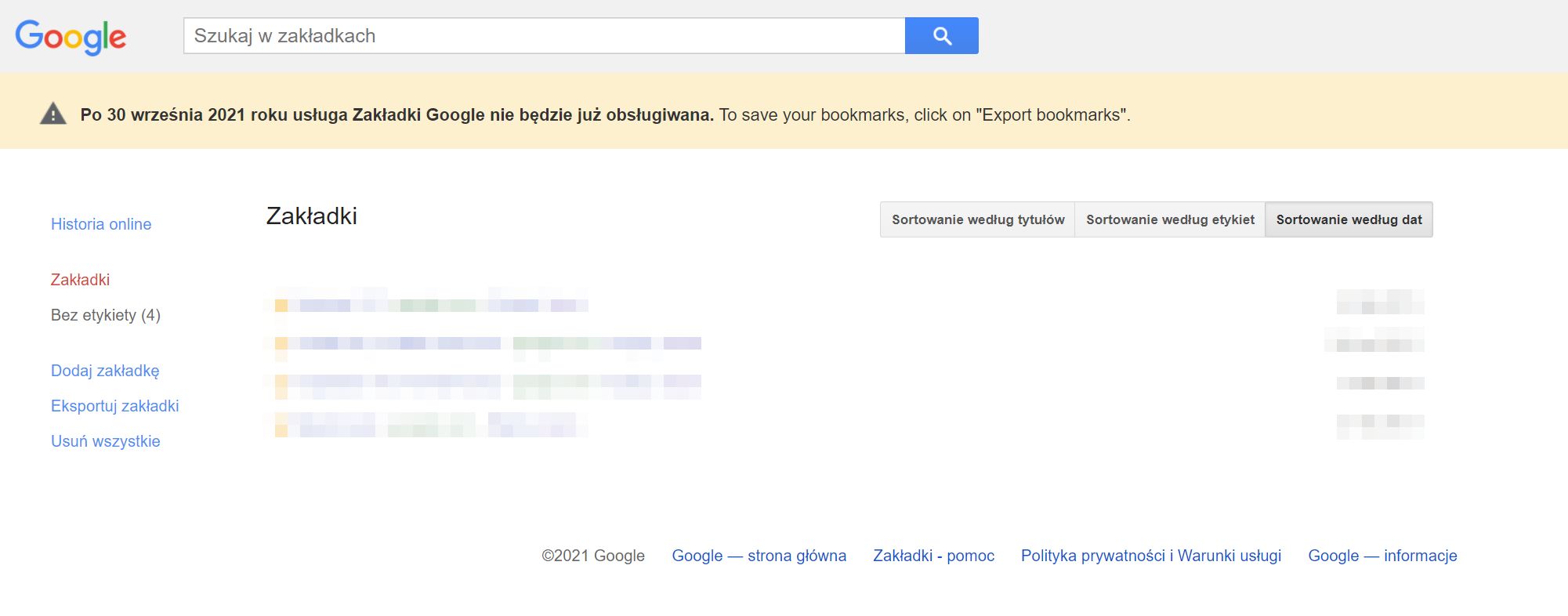 Zakładki Google przestaną działać po 30 września 2021 roku